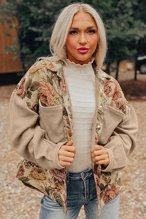 Floral Patchwork Waffle Knit Sleeve Drop Shoulder Button Front Jacket
